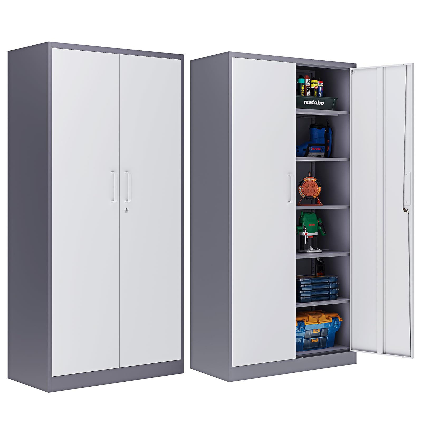 ZAOUS Garage Storage Cabinet, 72'' Tall Metal Storage Cabinets with Lock and 5 Adjustable Shelves for Home, Office, Warehouse, Grey & White - WoodArtSupply