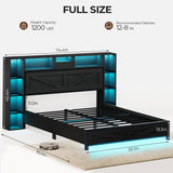 Siihnon Full Size Bed Frame with Bookcase Headboard and Bedside Storage, Black Farmhouse Full Bed Frame with Charging Station and LED Lights, Heavy Duty Metal Slats, Noiseless, No Box Spring Needed Siihnon