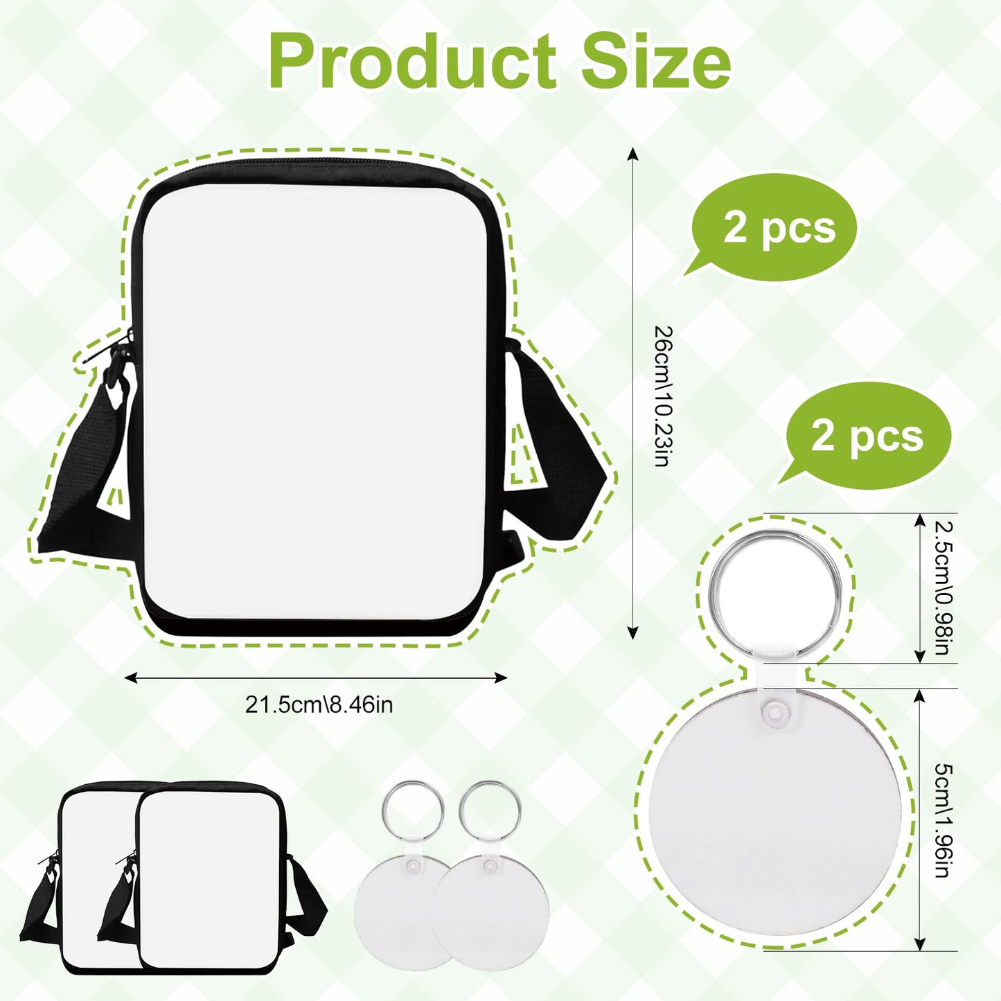 2 Pcs Sublimation Crossbody Bag Blanks, Sublimation Shoulder Bag with Adjustable Strap, DIY Sublimation Travel Sport Bags with 2 Pcs Double Side Sublimation Keychain for Birthday Christmas