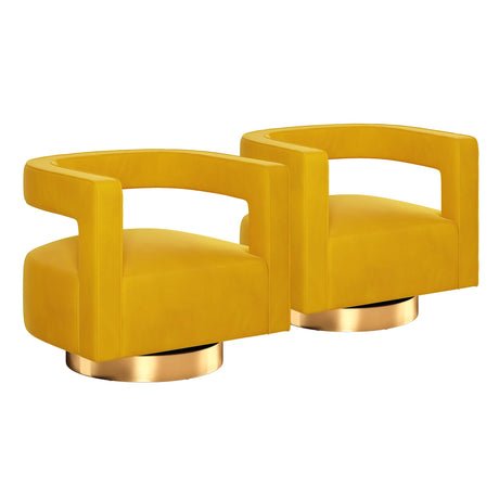 BELLEZE Swivel Barrel Accent Chair Set of 2, Modern Upholstered Arm Comfy Velvet Curved Back Round Chair with Gold Base Wood Frame, 360 Degree for Living Room Bedroom Office,Yellow BELLEZE