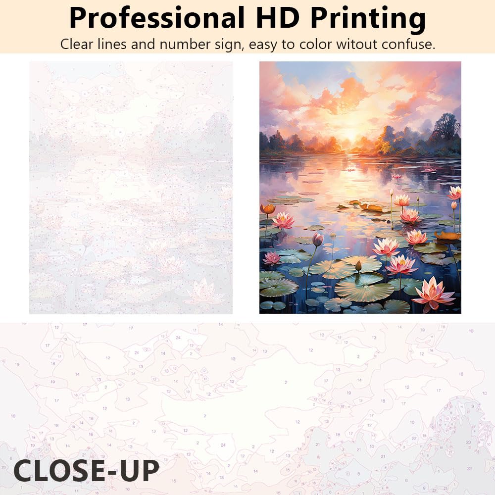 Water Lilies Painting by Numbers for Adults, Paint by Number Kit, Sunset Over The Lake Paint by Numbers Kit for Adults Beginner, Frameless Paints by Number for Gift Home Wall Decor TUMOVO