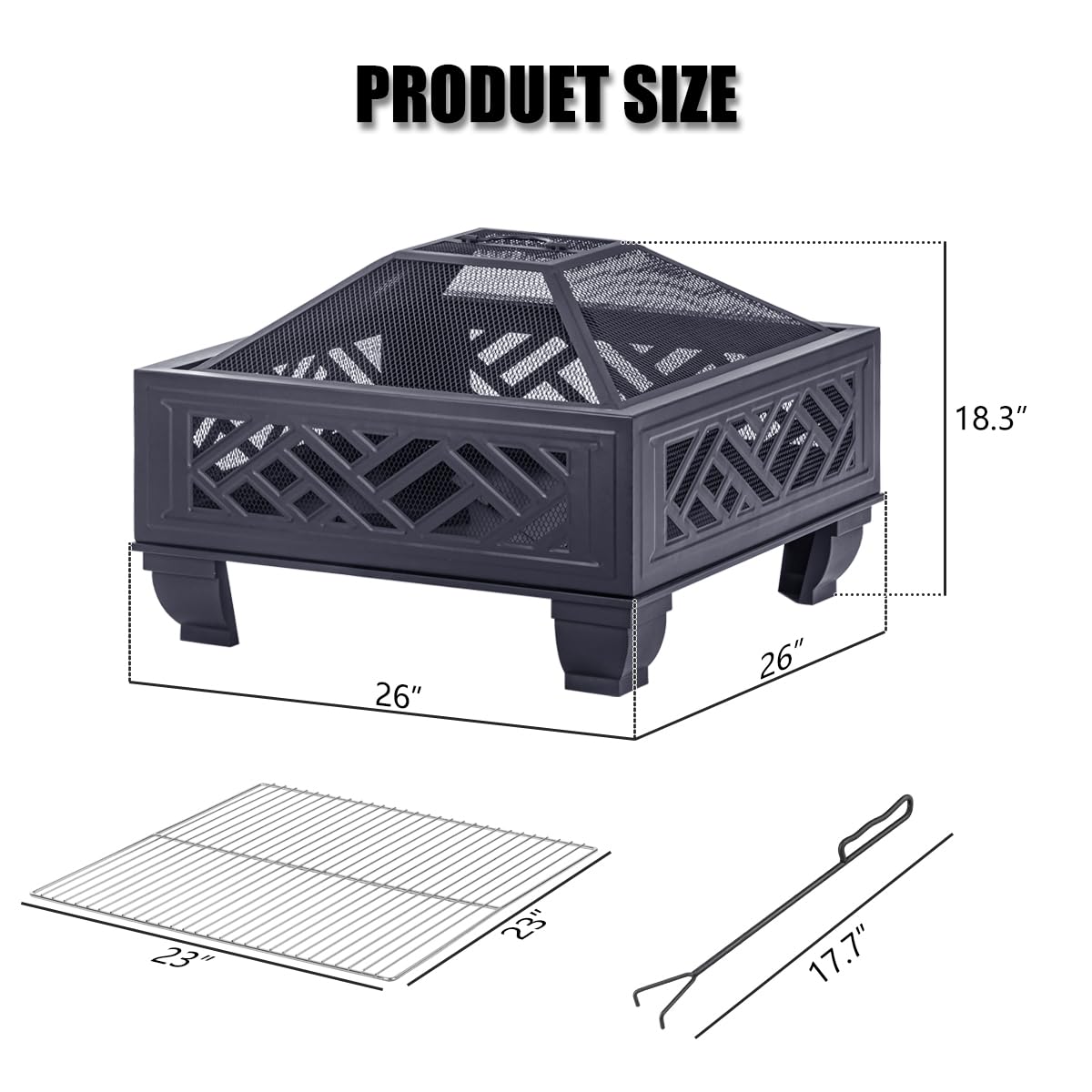 MistMo 26" Steel Square Fire Pit with Grill & Poker, Outdoor Fireplace with Mesh Cover for Patio, Backyard & Garden, Ideal Mistmo