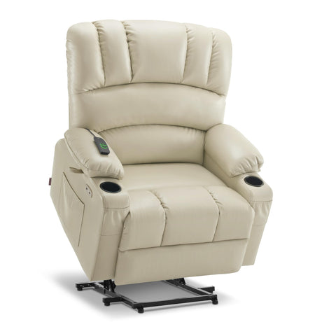MCombo Oversized Power Lift Recliner Chair for Elderly, Lift Chair with Heat and Massage, Lift Recliner for Big and Tall, Cup Holders, USB &Type C Ports, Faux Leather R7092 (Cream White, Oversize) MCombo