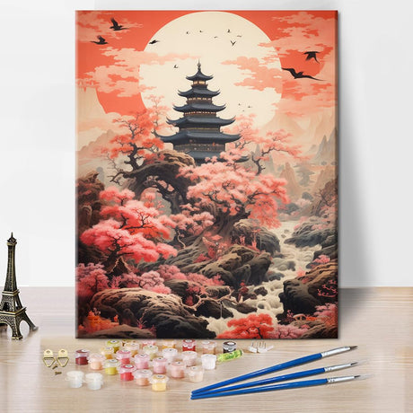 TUMOVO Pagoda Paint by Number Kits for Adults Beginners Pink Cherry Blossom Painting by Numbers Frameless DIY Oil Painting Kit Drawing Paintwork for Gift Home Wall Decor 16x20 Inch TUMOVO