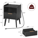 MAHANCRIS End Table Living Room Fluted Night Stand, 15.9" Modern Side Table with Charging Station，Bedside Table with Drawer for Small Spaces, Bedroom, Black ETBK61E01 MAHANCRIS
