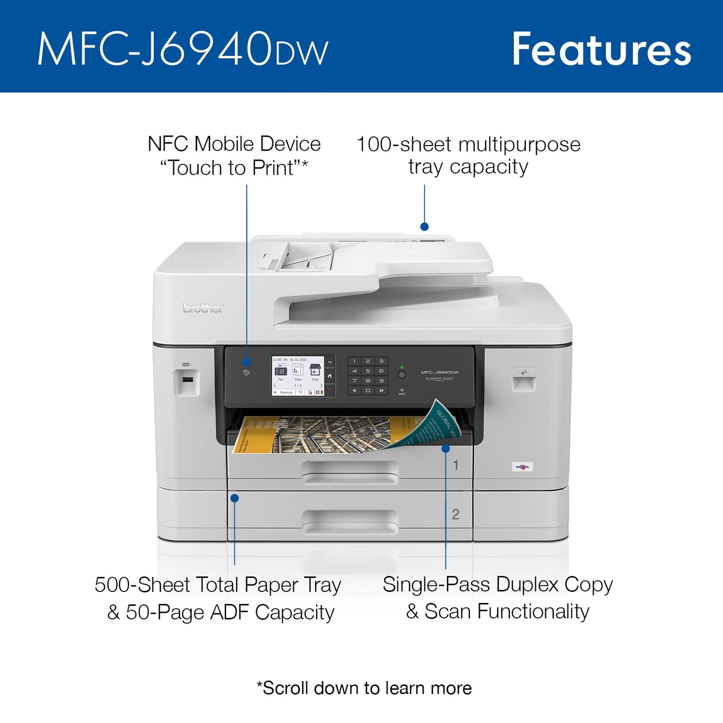 Brother MFC-J6940DW White Color Inkjet All-in-One Printer with 500-sheet Total Paper Capacity and The Ability to Print, scan, Copy or fax up to 11”x17 (Ledger) Size Paper.