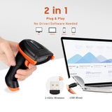 Tera Barcode Scanner Wireless 1D Laser Cordless Barcode Reader with Battery Level Indicator, Versatile 2 in 1 2.4Ghz Wireless and USB 2.0 Wired Tera