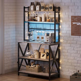 Yaheetech Kitchen Bakers Rack with Power Outlet & LED Lights, 5 Tiers Coffee Bar Table with 8 S Hooks, 64 Inches Tall Microwave Oven Stand with Storage for Spices, Pots, Gray Yaheetech