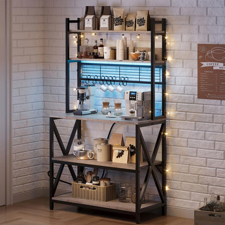 Yaheetech Kitchen Bakers Rack with Power Outlet & LED Lights, 5 Tiers Coffee Bar Table with 8 S Hooks, 64 Inches Tall Microwave Oven Stand with Storage for Spices, Pots, Gray Yaheetech