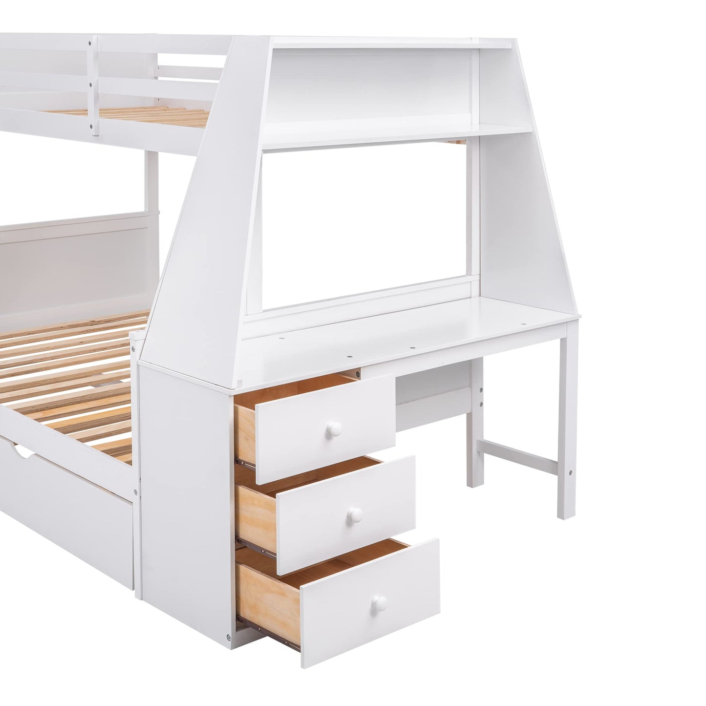 Harper & Bright Designs Twin Over Full Bunk Bed with Trundle and Desk, Solid Wood Bunk Bed Frame with Storage Drawers and Shelf, for Kids Teens Adults - White