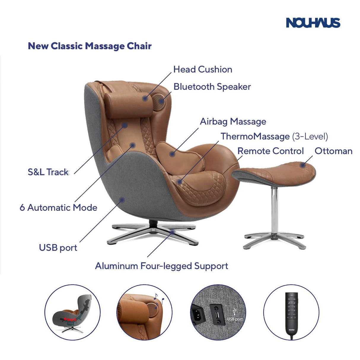 Nouhaus Classic Massage Chair with Ottoman – Caramel Leather Recliner with Percussive Shiatsu Massager, Built-in Speaker & Full Body Spot Massage – Ultimate Comfort for Home & Office Nouhaus