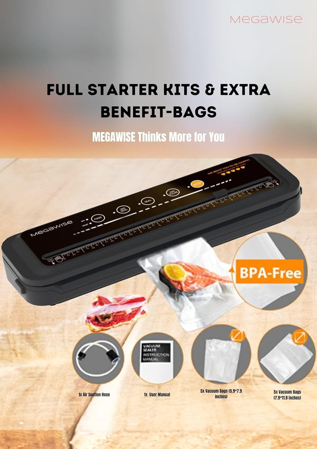 MegaWise Powerful and Compact Vacuum Sealer Machine One-Touch Automatic Food Sealer MEGAWISE