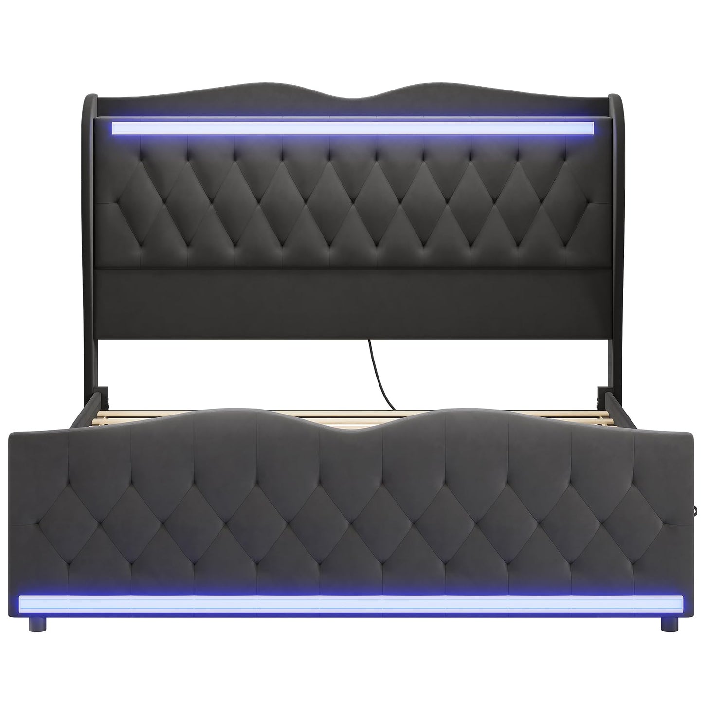 ADORNEVE Velvet King Bed Frame with LED Lighting, Storage Headboard & Charging Station - Dark Grey Wingback Design - WoodArtSupply