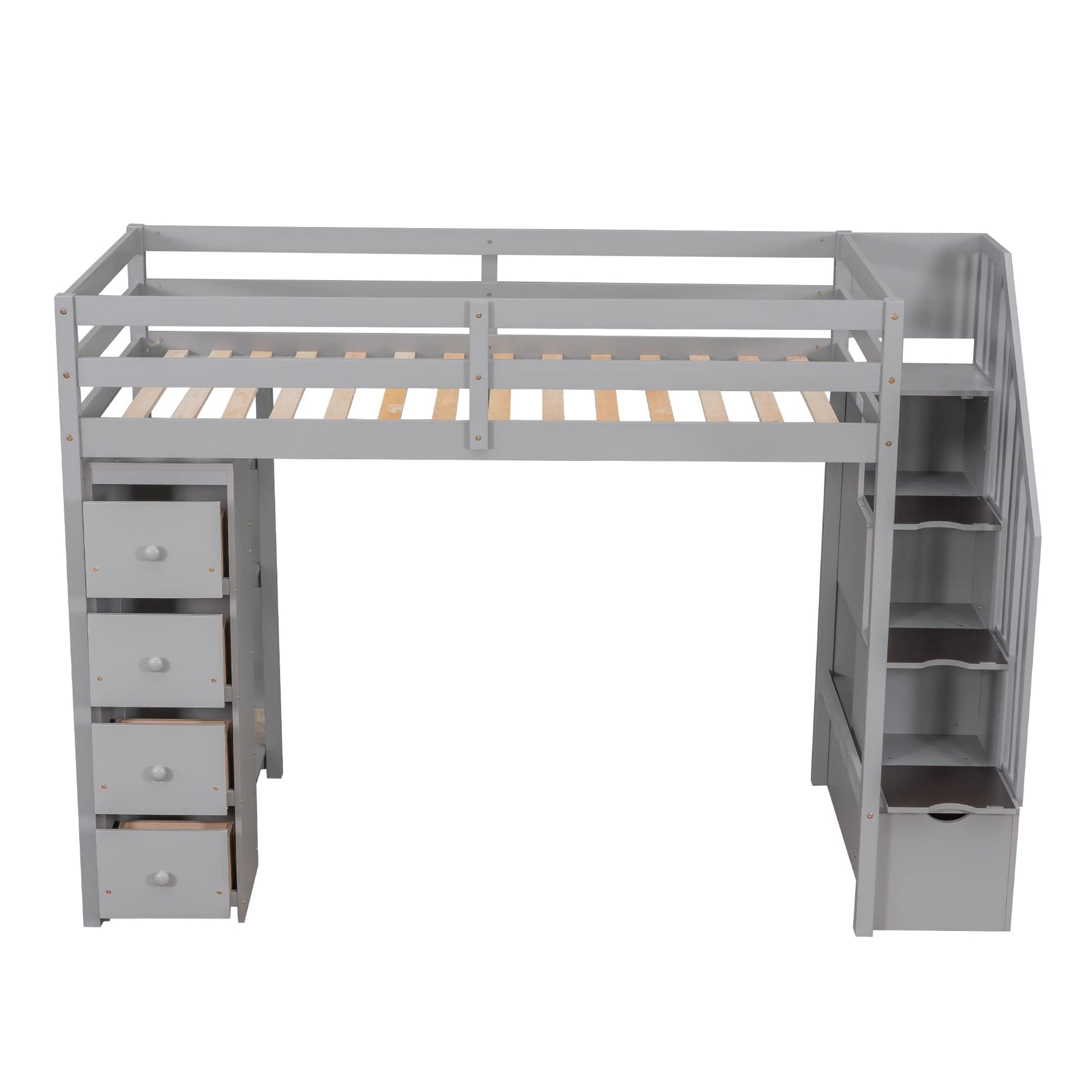 Merax Grey Twin-Size Loft Bed with Storage Drawers and Stairs for Teens - WoodArtSupply