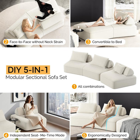 Tabaray 139" Oversized Boneless Couch, Chenille Curved Sofa, Minimalist Modular Sectional Sofa Set with Removable Backrests, 3 Pillows, Deep Seat, Modern Couches for Living Room, Bedroom, Beige Tabaray