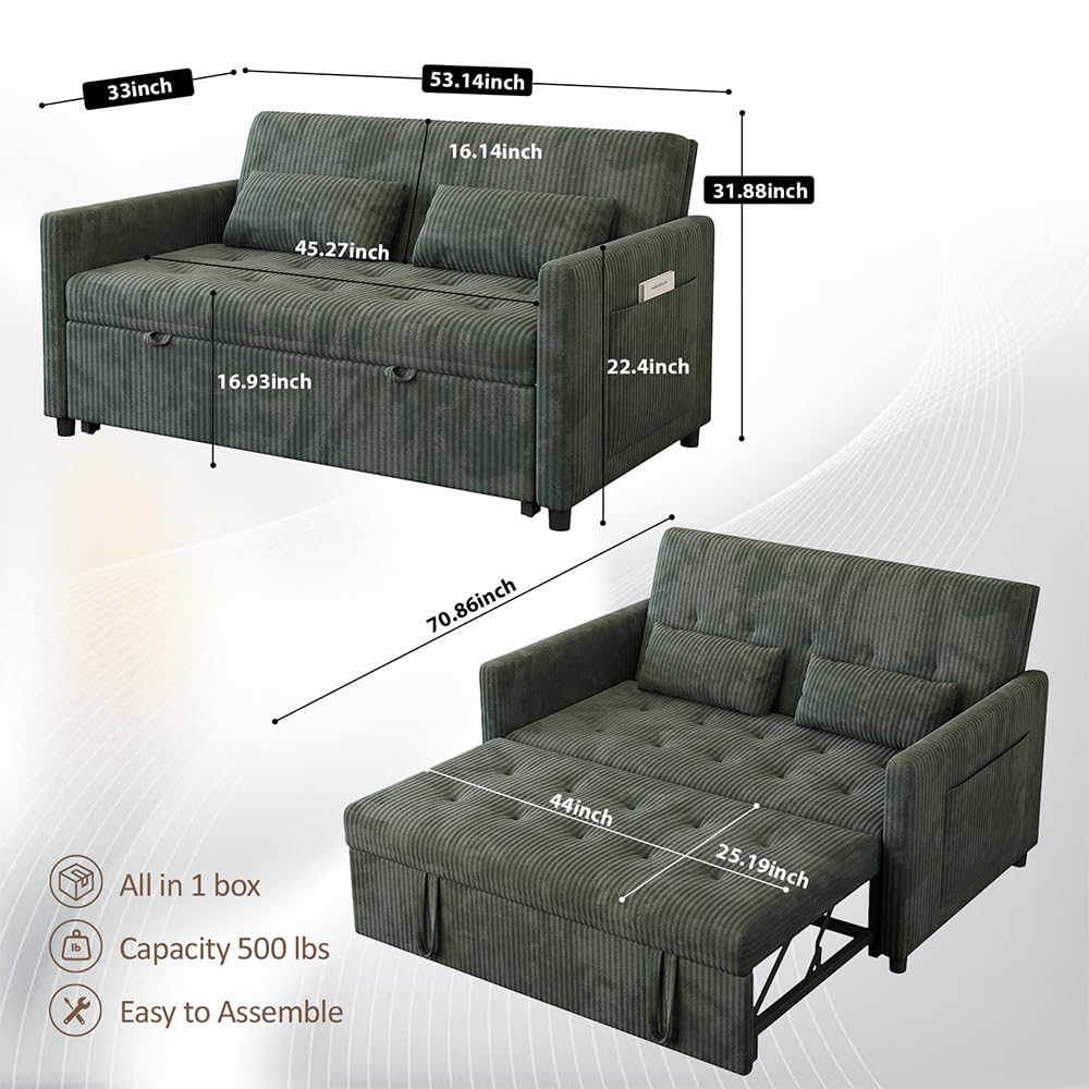 UXENAFANA Sofa Bed, Loveseat 3-in-1 Sleeper Sofa with Pull Out Bed, Pockets and USB, Modern 2 Seater Convertible Small Couch for Living Room Bedroom Apartment (Green, Corduroy) UXENAFANA