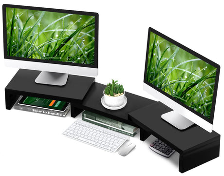 TAVR Dual Monitor Stand Riser Office Desktop Organizer Stand for 2 Monitors, Adjustable Length and Angle 3 Shelf, Extra Long Multifunctional Stand up to 48.2" fit Computer, Laptop, TV, Black TAVR Furniture