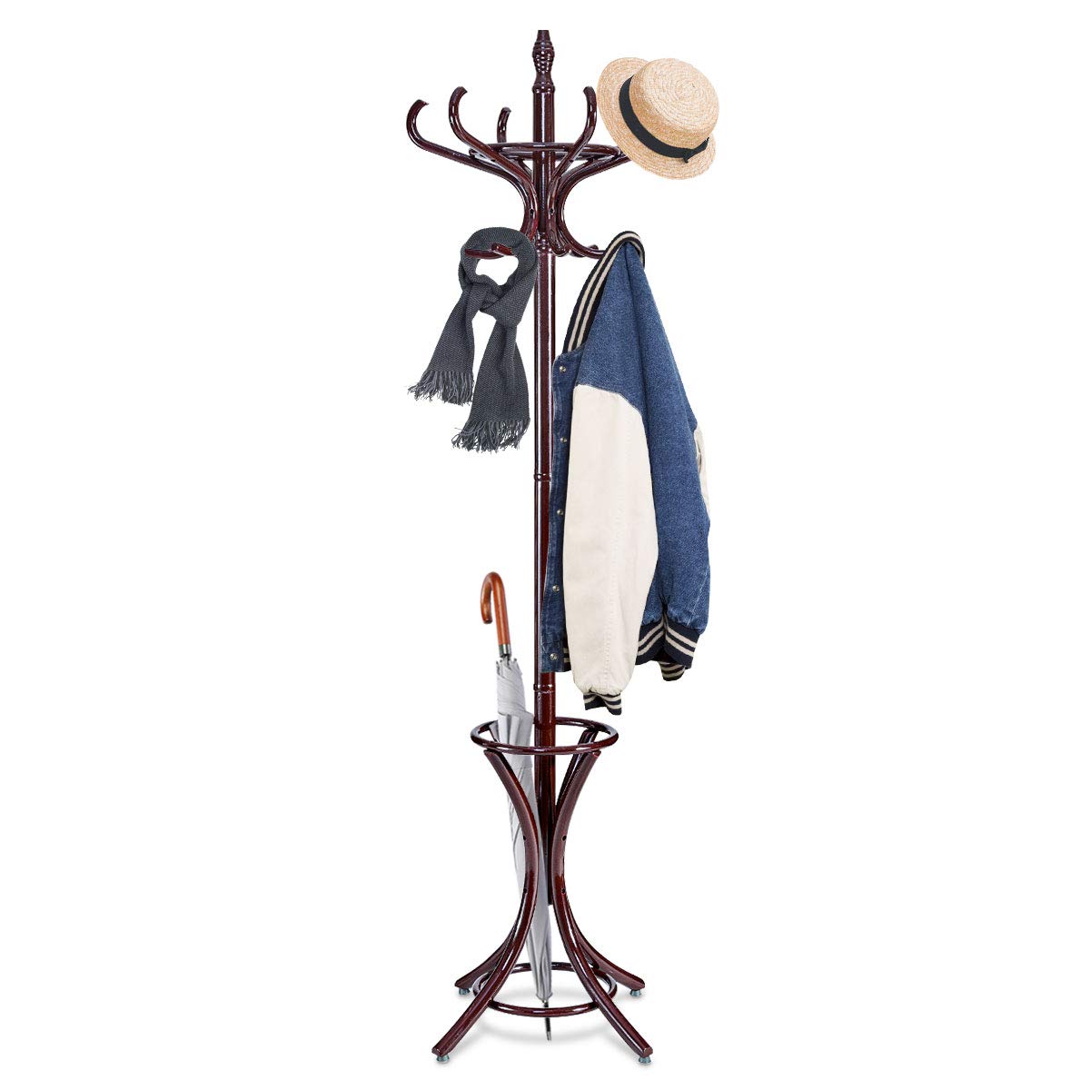 GOFLAME 73" Coat Rack Freestanding, Wooden Coat Tree with 12 Hooks and Umbrella Stand, Entryway Hall Tree, Hat Hanger Organizer, Coat Rack Stand for Coats, Hats, Scarves, Bags, Easy Assembly, Brown