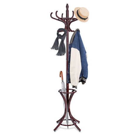 GOFLAME 73" Coat Rack Freestanding, Wooden Coat Tree with 12 Hooks and Umbrella Stand, Entryway Hall Tree, Hat Hanger Organizer, Coat Rack Stand for Coats, Hats, Scarves, Bags, Easy Assembly, Brown GOFLAME