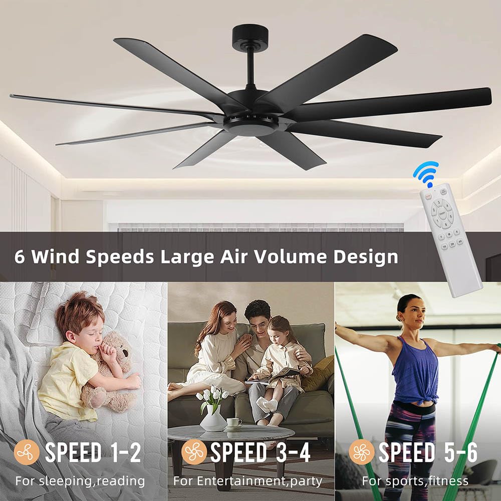 Duclsaty 72inch Large Ceiling Fans No light,Industrial Ceiling Fan with 8 Blades(ABS),Reversible DC Motor,Quiet Fans with Remote control,3 Downrods,Black Ceiling Fans for Patio/Porch/Garage/Shop Duclsaty