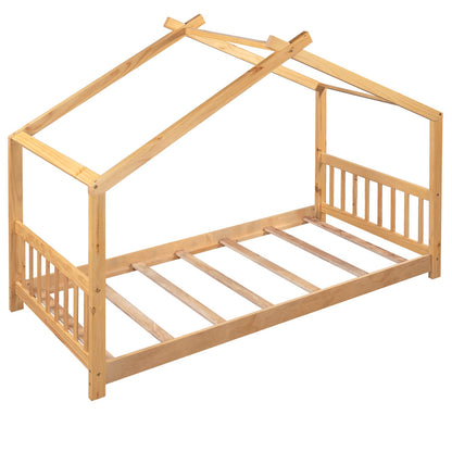 Montessori House Bed Frame in Natural Wood for Kids - Twin Size with Headboard & Footboard - WoodArtSupply