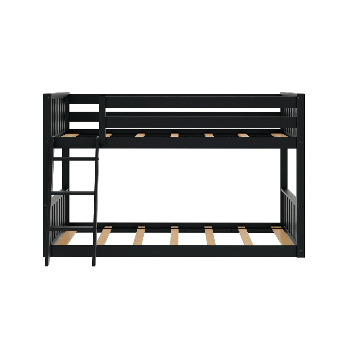 Max & Lily Low Bunk Bed, Scandinavian Modern Bunk Bed, Solid Wood Twin-Over-Twin Bed Frame for Kids, No Box Spring Needed, Black Max & Lily