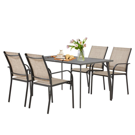 AECOJOY 5 Piece Patio Table and Chair Set for 4, Outdoor Dining Set Includes 51.2" Rectangle Table with 1.73" Umbrella Hole, 4 Stackable Textilene Chairs, for Garden, Backyard and Poolside, Dark Gray AECOJOY