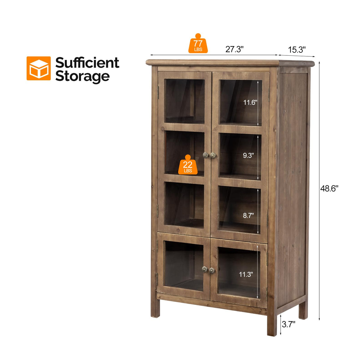 VINGLI Storage Cabinet,Display Cabinet with Glass Doors, Glass Door Cabinet, Rustic Storage Cabinet with Doors and Shelves, Showcase Display Cabinet with Cedar Wood Finish, Walnut VINGLI