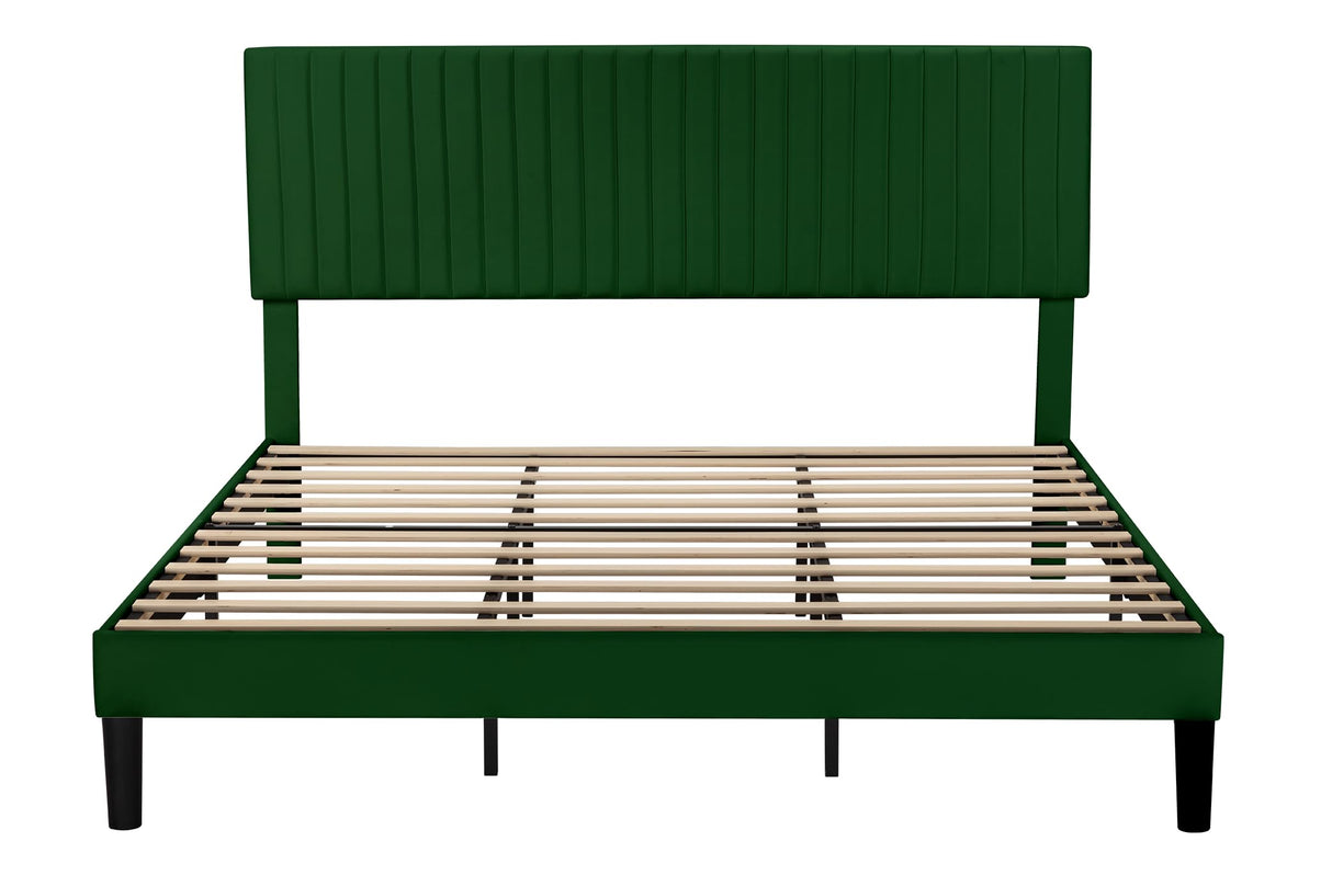 Allewie King Bed Frame, Velvet Upholstered Platform Bed with Adjustable Vertical Channel Tufted Headboard, Mattress Foundation with Strong Wooden Slats, Box Spring Optional, Easy Assembly, Green Allewie