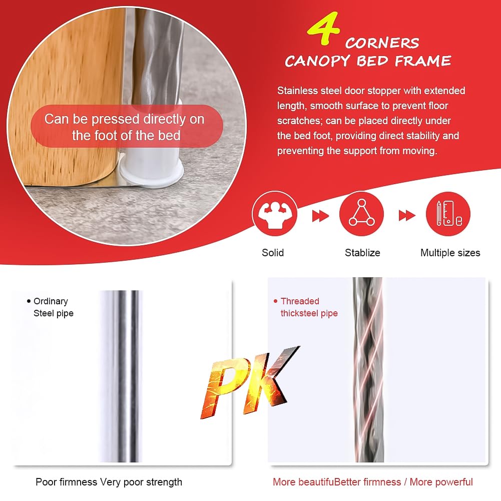 JNTKE Canopy Bed Frame, 4 Corners Stainless Steel Bed Mosquito Net Frame Bracket, King Metal Four Corner Bed Mosquito Netting Bracket for Bedroom Decoration, 78"x 78"x 78" JNTKE