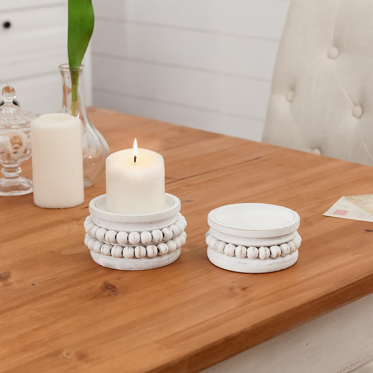 NIKKY HOME Farmhouse Beaded Wooden Candle Holders Set of 2, Rusitc Solid Wood Pillar Candlesticks Pedestal, Fireplace Mantle Table Centerpiece Decor, Distressed White NIKKY HOME