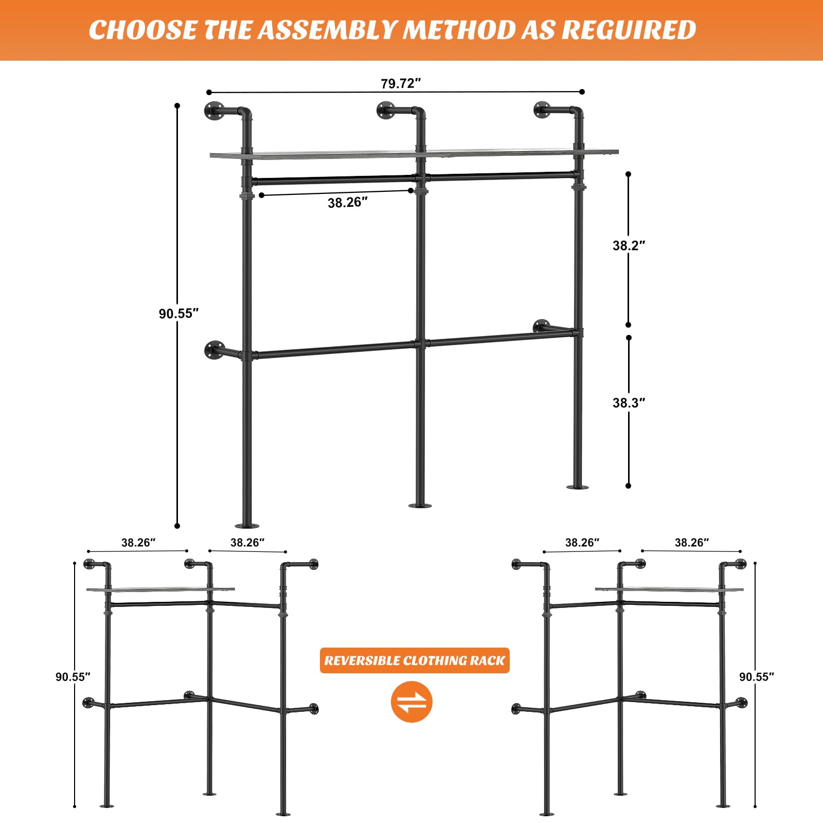 Aheaplus Industrial Pipe Clothing Rack, Reversible 79.7'' Clothes Rack for Hanging Clothes, Heavy Duty Garment Rack Closet Wardrobe Rack with LED Lights& Shelves, Walk-in Closet System, Black - WoodArtSupply