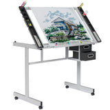 OS MOTOR Adjustable Drafting Table with Glass Top, Art Craft Desk with Slide-Out Drawers, Rolling Wheels, Storage, for Drawing, Writing, Painting, and Creative Tasks, Ideal for Home Office OS MOTOR