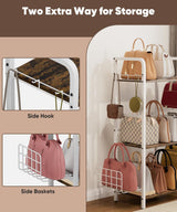 Tuohours 3-Tier Purse Organizer Rack, Iron & Wood Floor-Standing Bag Storage Holder with Adjustable Side Basket and Hook Handbag Organizers Display Stand Shelf for Closet, Bedroom, Entryway, White Tuohours