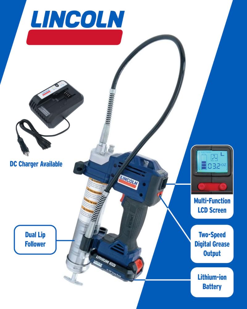 Lincoln 1884 PowerLuber 20 Volt Battery Powered Grease Gun with 36" Hose for Automotive, Agricultural, and Industrial Equipment, 10,000 PSI, Trigger-Operated, 2-Speed, (2) Lithium-Ion Battery Pack Lincoln