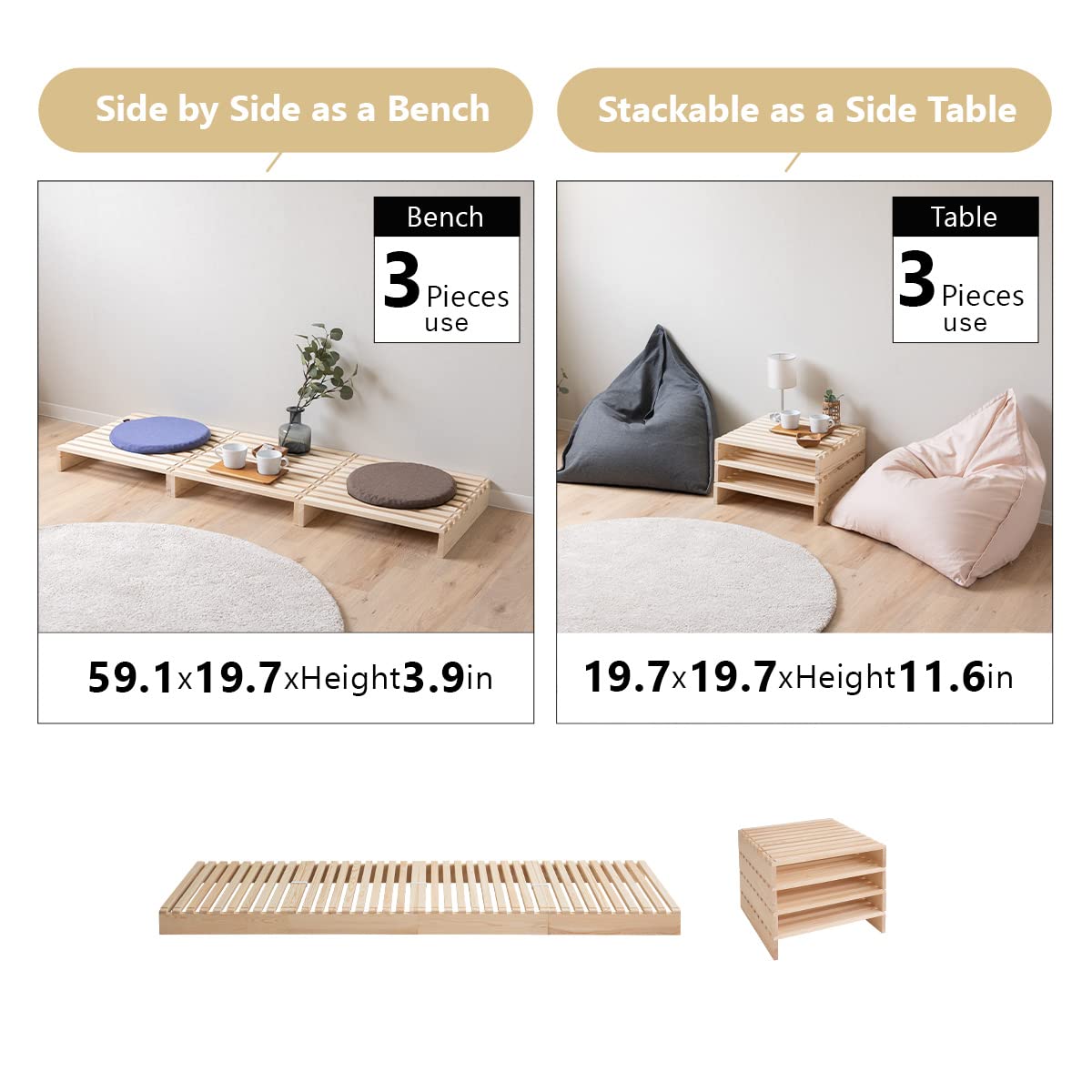 EMOOR Pallet Bed Slats 4 Pieces (for Additional Purchase) Pine Wood Natural, Japanese Futon Mattress Floor Sleeping Tatami Mat