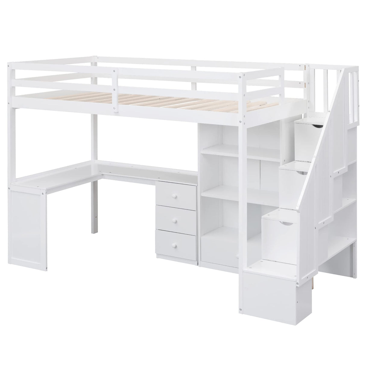 Twin Size Wooden Loft Bed with L-Shaped Desk and Storage Stairs in White Harper & Bright Designs