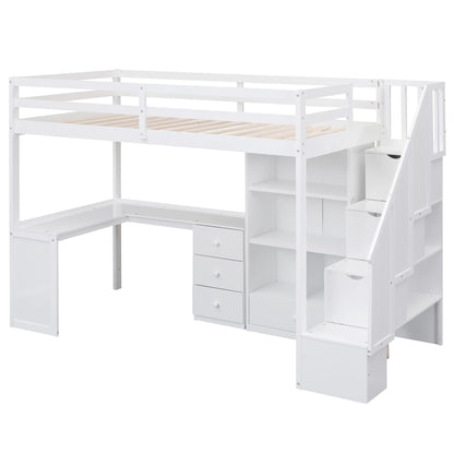 Twin Size Wooden Loft Bed with L-Shaped Desk and Storage Stairs in White