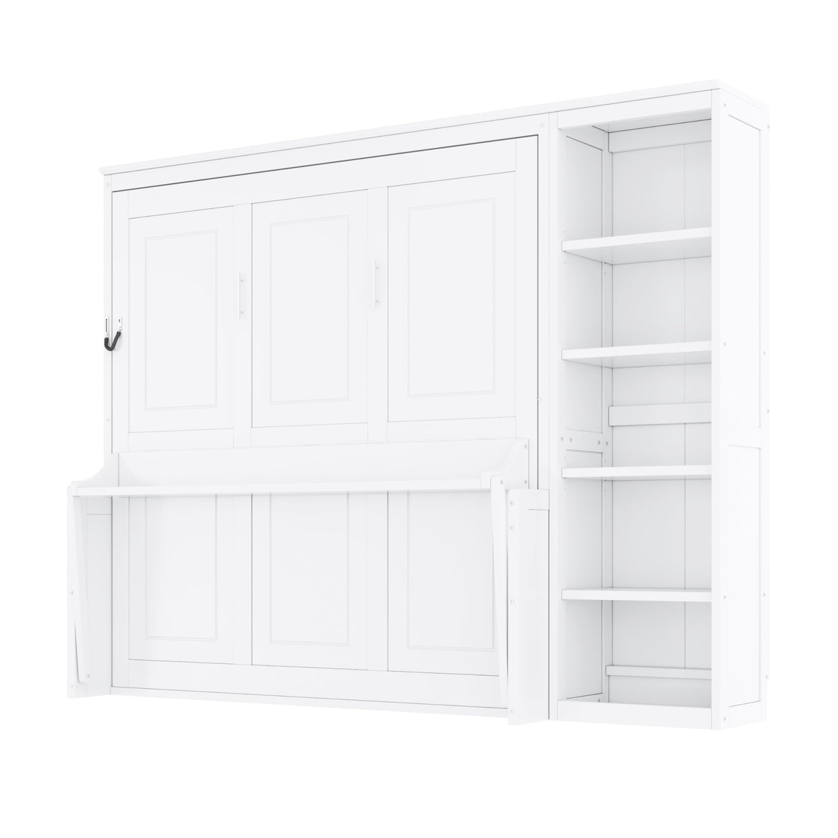 Queen Murphy Bed with Desk and Storage Shelves,Wood Hideaway Murphy Wall Bed with Storage Bookcase for Adults (White) MERITLINE