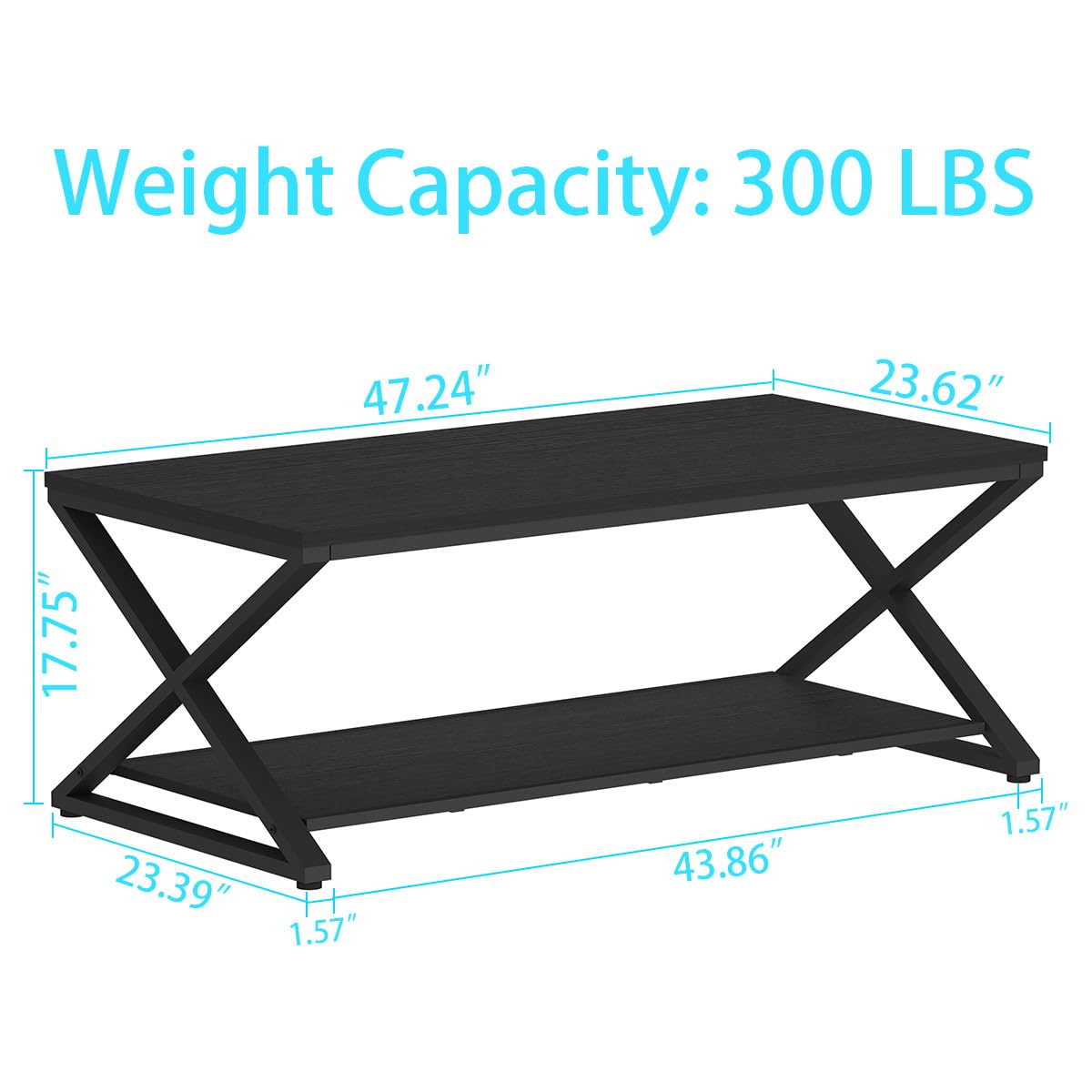 HSH Black Coffee Table Modern, 47 Inch Simple Rectangle Cocktail Table with Storage Display Shelf, 2 Tier Minimalist Industrial Wooden and Metal Center Tea Table for Living Room Office, Black Oak HSH