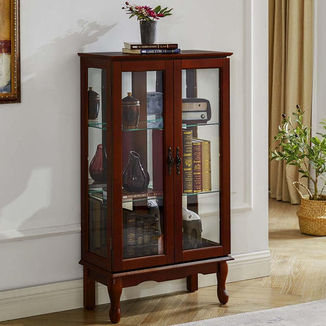 Anwick China Cabinet &Curio Cabinets with Glass Doors, Lighted Display Cabinet with Mirrored Back Panel, Tempered Glass and 3 Tiers Adjustable Shelves (Cherry) Anwick
