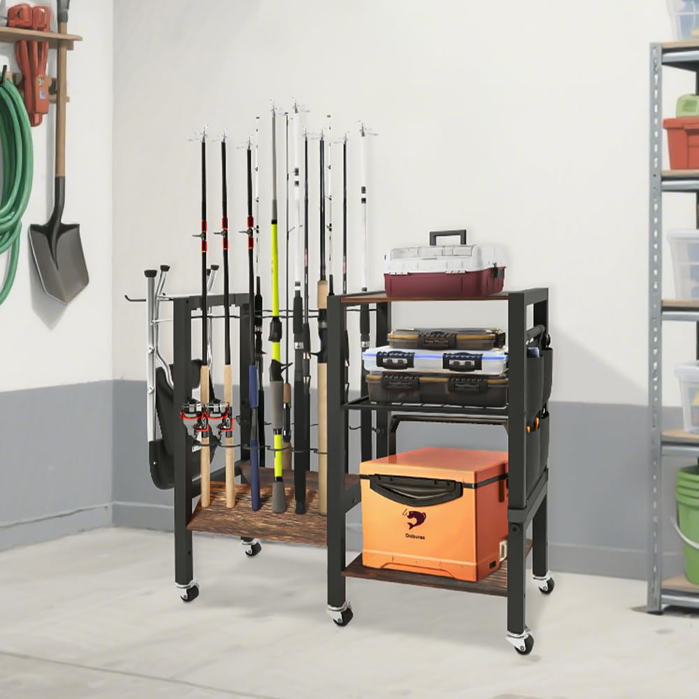 Dobures Fishing Rod Holder, 3-Tier Fishing Pole Rack, Fishing Equipment Organizer Tackle Storage Cart for Garage Organization, Holds up to 12 rods Dobures
