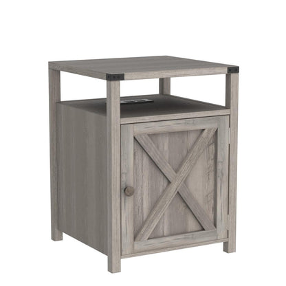 HOSEOKA Farmhouse Nightstand with Charging Station, Rustic End Table Bedroom with Storage Living Room Side Table Grey Night Stand Industrial Bedside Bed Table with USB Ports and Outlets - WoodArtSupply