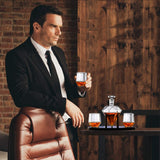 Whiskey Decanter Diamond shaped With 2 Diamond Glasses & Mahogany Wooden Holder – Elegant Handcrafted Crafted Glass Decanter For Liquor, Scotch, Rum, Bourbon, Vodka, Tequila – Great Gift Idea – 750ml RUGLUSH