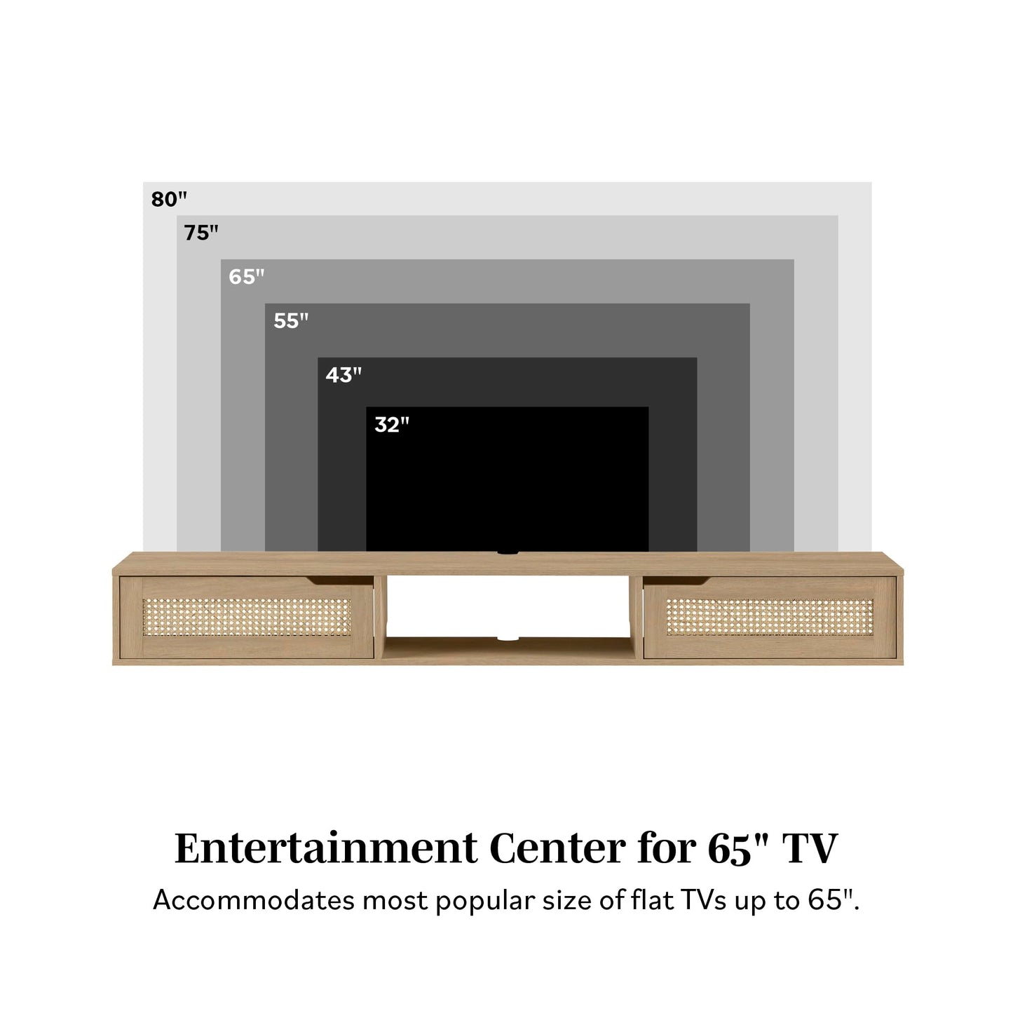 Walker Edison Modern Rattan Flip-Down-Door Wall-Mounted Floating Stand for TVs up to 80 Inches, 70 Inch, Coastal Oak - WoodArtSupply