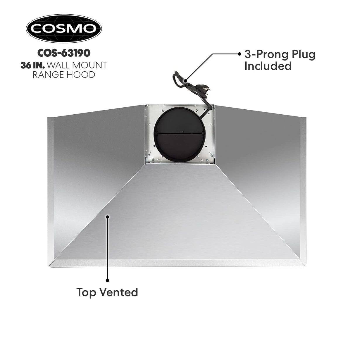 COSMO COS-63190 36 in. Vista Collection 380 CFM Ducted Wall Mount Range Hood, Button Controls, LED Lights, Stainless Steel COSMO