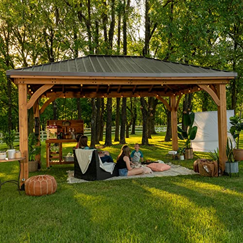 Backyard Discovery Barrington 14 ft. x 12 ft. Hip Roof Cedar Wood Gazebo Pavilion, Shade, Rain, Hard Top Steel Metal Roof, All Weather Protected, Wind Resistant up to 100 mph, Holds up to 106 - WoodArtSupply