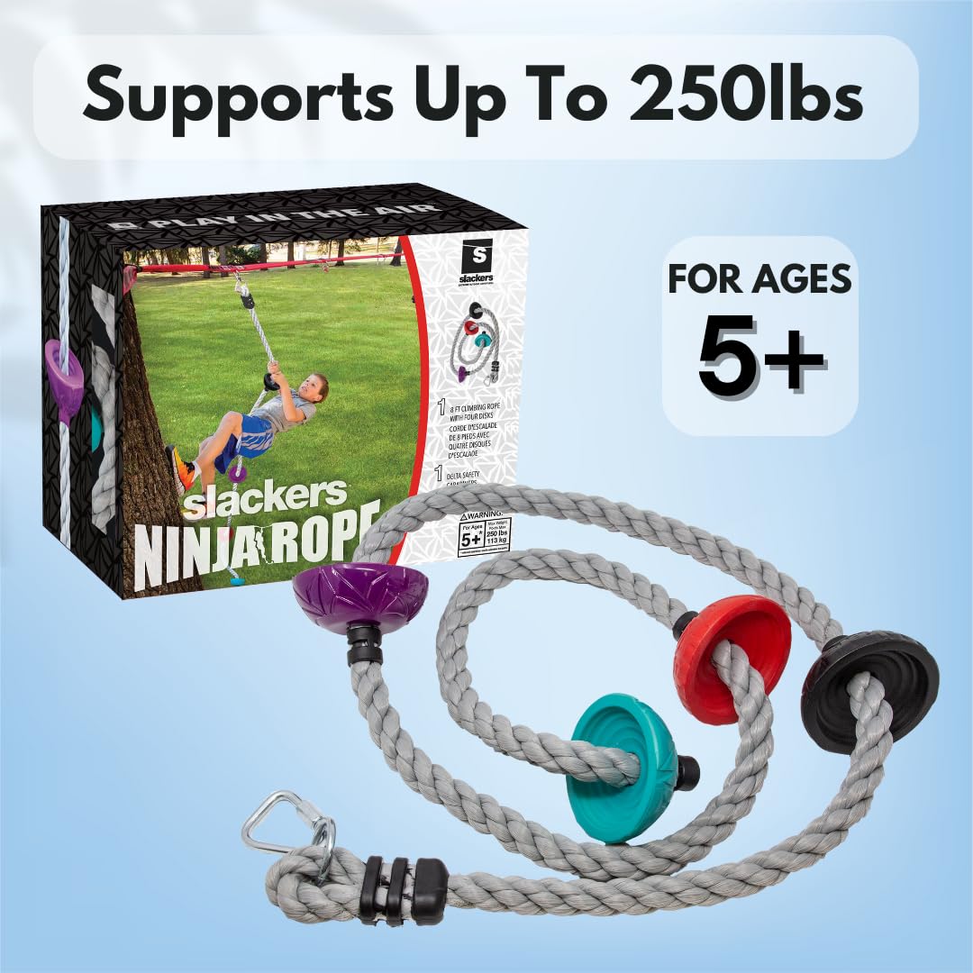 Slackers 8 ft Multi-Color Climbing Rope - Best Outdoor Ninja Warrior Training Equipment for Kids - A Great Addition to Your Backyard Ninjaline Obstacle Course Slackers