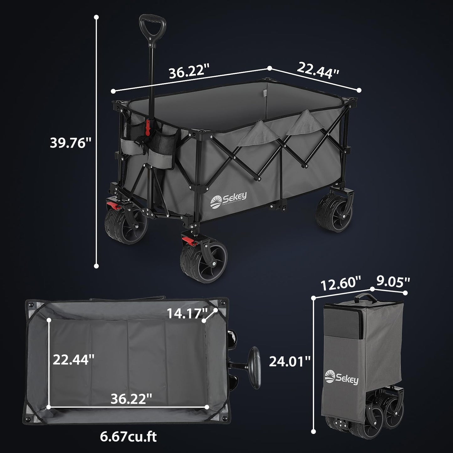 Sekey 220L Collapsible Foldable Wagon with 330lbs Weight Capacity, Heavy Duty Folding Utility Garden Cart with Big All-Terrain Beach Wheels & Drink Holders. Grey - WoodArtSupply