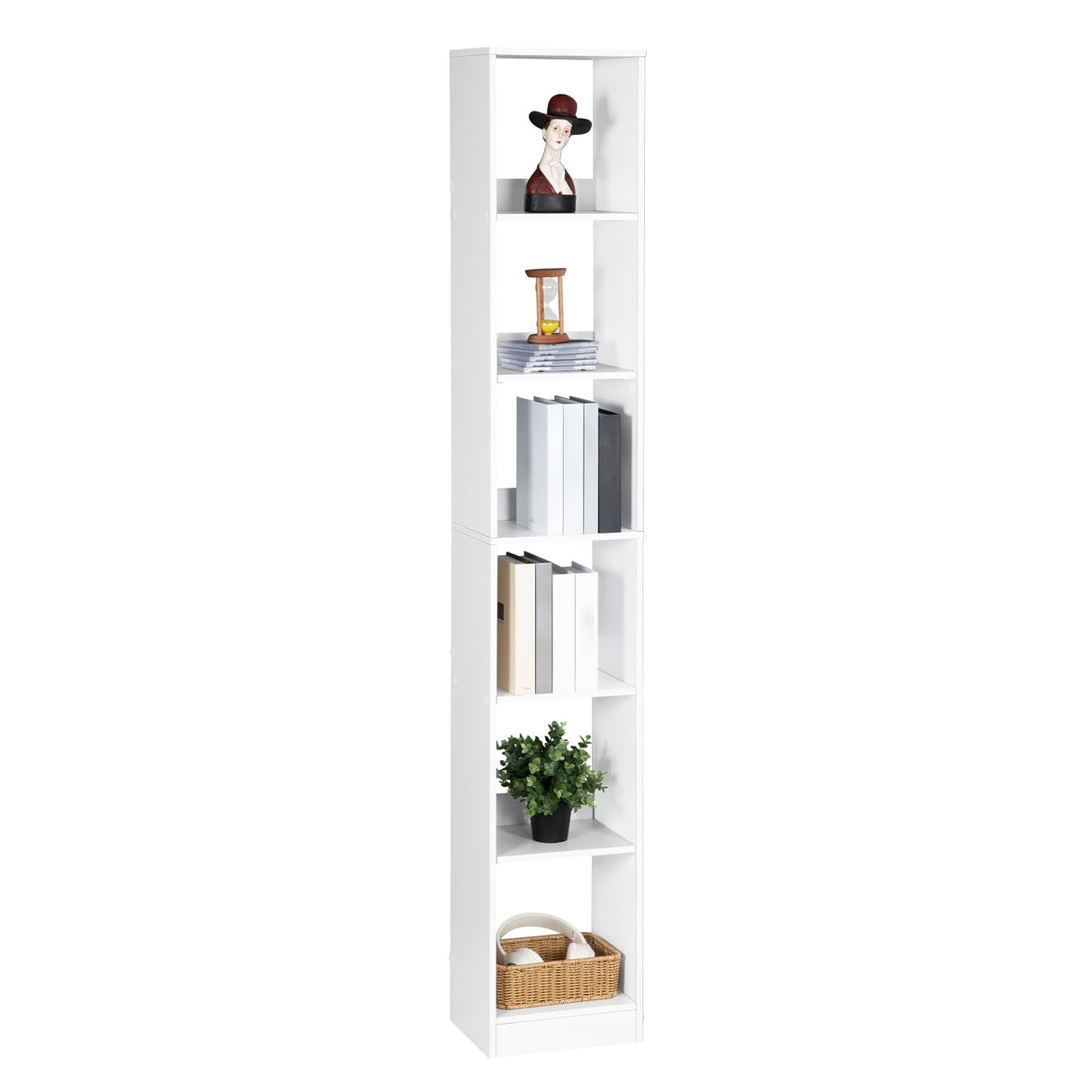Hzuaneri Bookcase, Tall Narrow Bookshelf, Open Display Storage Shelf, Skinny Cube Book Shelf with Adjustable Shelves, CD Rack for Living Room, Home Office, Bedroom, 6 Tiers, White BC09603X Hzuaneri